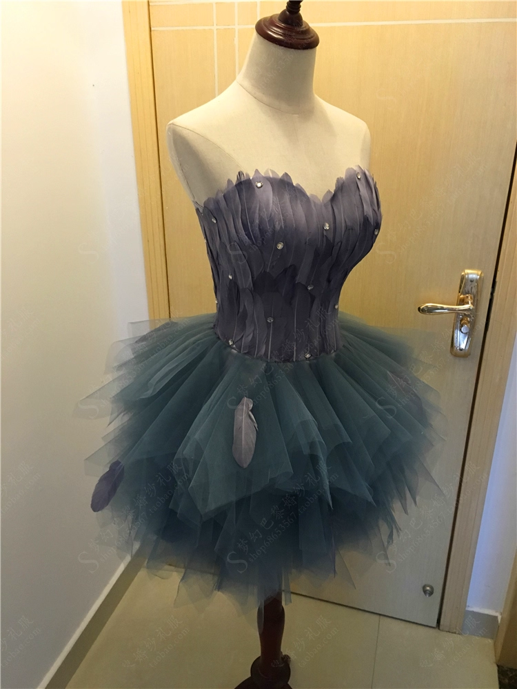 Vintage Strapless Blue Tulle Feathers A Line Short 20th Birthday Outfits Formal Homecoming Dress Y9561