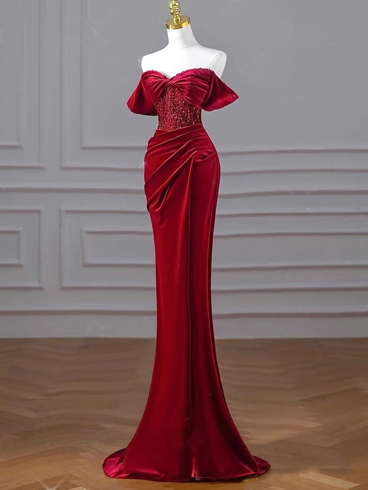 Charming Burgundy Velvet Mermaid Prom Dress Y6602
