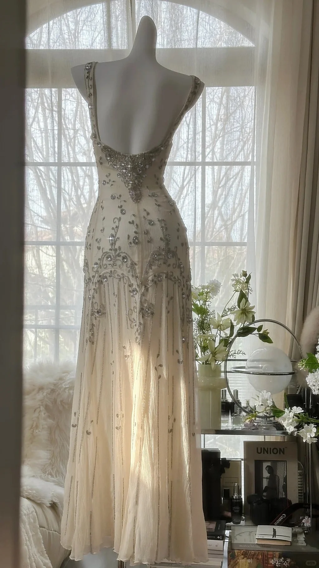 Vintage Evening Dresses, Light Champagne Chiffon Beaded Mermaid Party Gowns Y8696