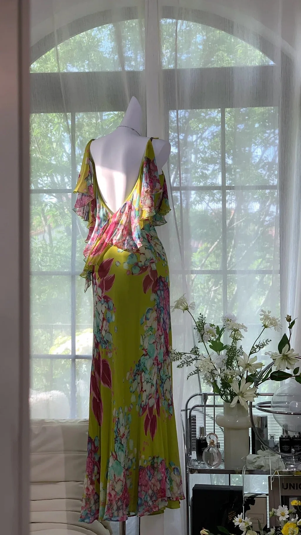 Romantic Green Backless Long Chiffon Print Floral Evening Dress Birthday Party Dress Prom Dress Y9775