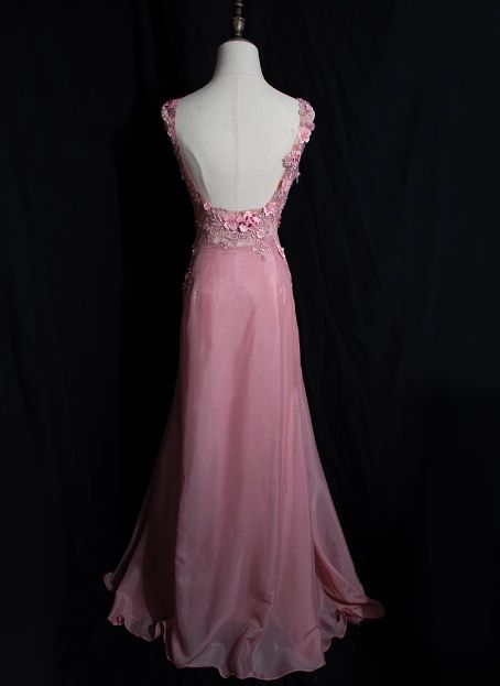 Retro V Neck Sleeveless Pink Beaded 3D Appliques  Long Prom Dress Backless Mermaid Birthday Party Dress SP491