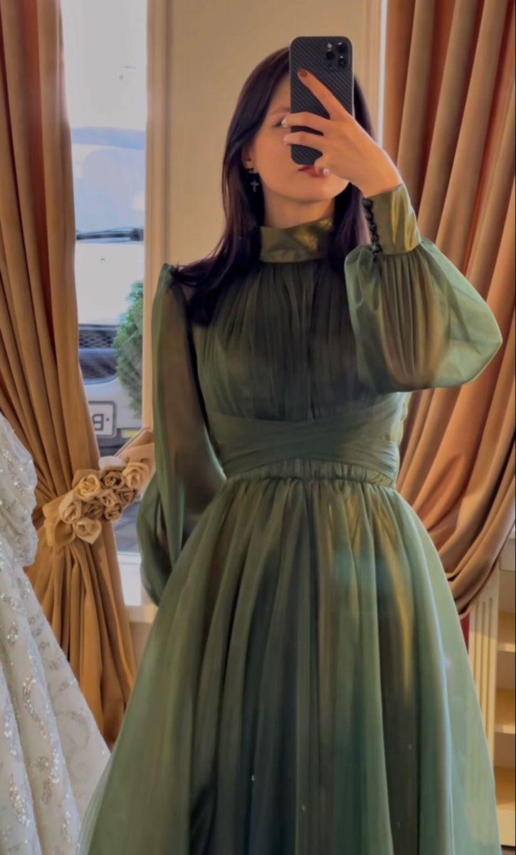 Vintage Green High Neck Tulle Long Prom Dress Green Birthday Party