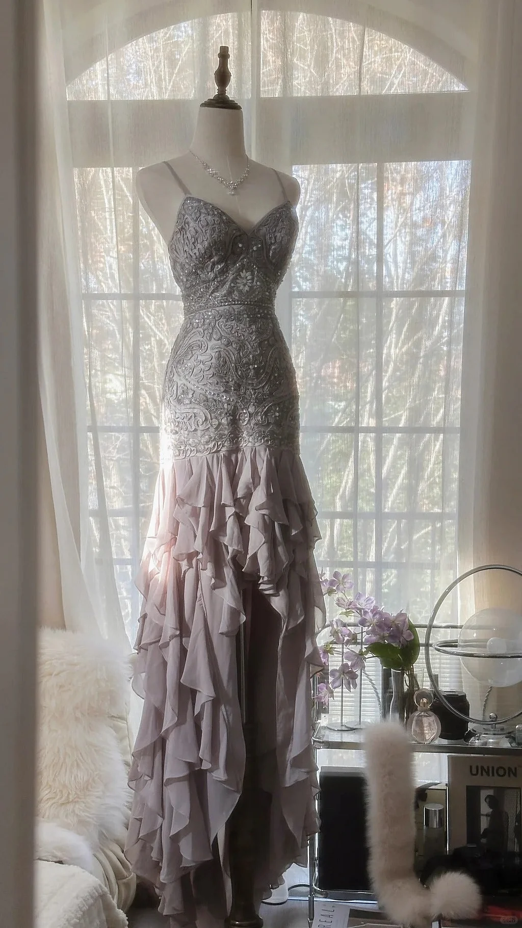 Purple Romantic Beaded Lace Long Chiffon Ruffles Evening Gown Formal Prom Dress Birthday Party Dress Y9791