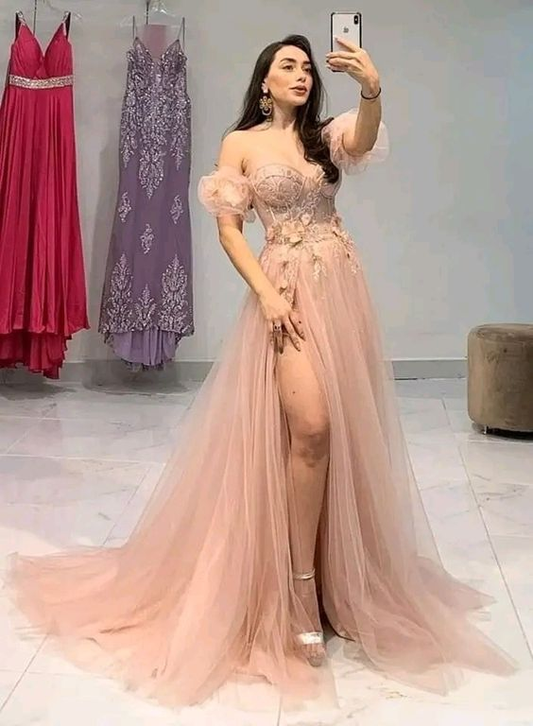 A-line Sweetheart Tulle Pink Prom Dress With Split Y6015