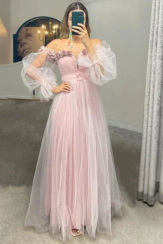 Blush Pink Off-shoulder Puffy Sleeves Tulle Princess Long Prom Dress,S Simplepromdress Blush Pink Off-shoulder Puffy Sleeves Tulle Princess Long Prom Dress,S Simplepromdress
