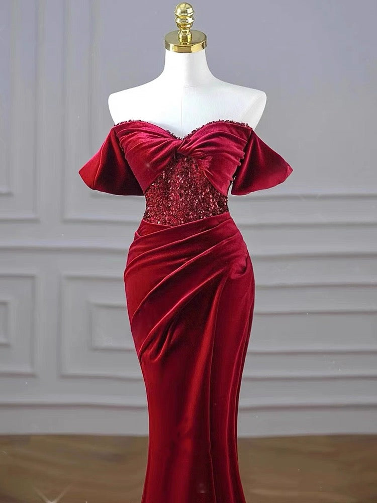 Charming Burgundy Velvet Mermaid Prom Dress Y6602