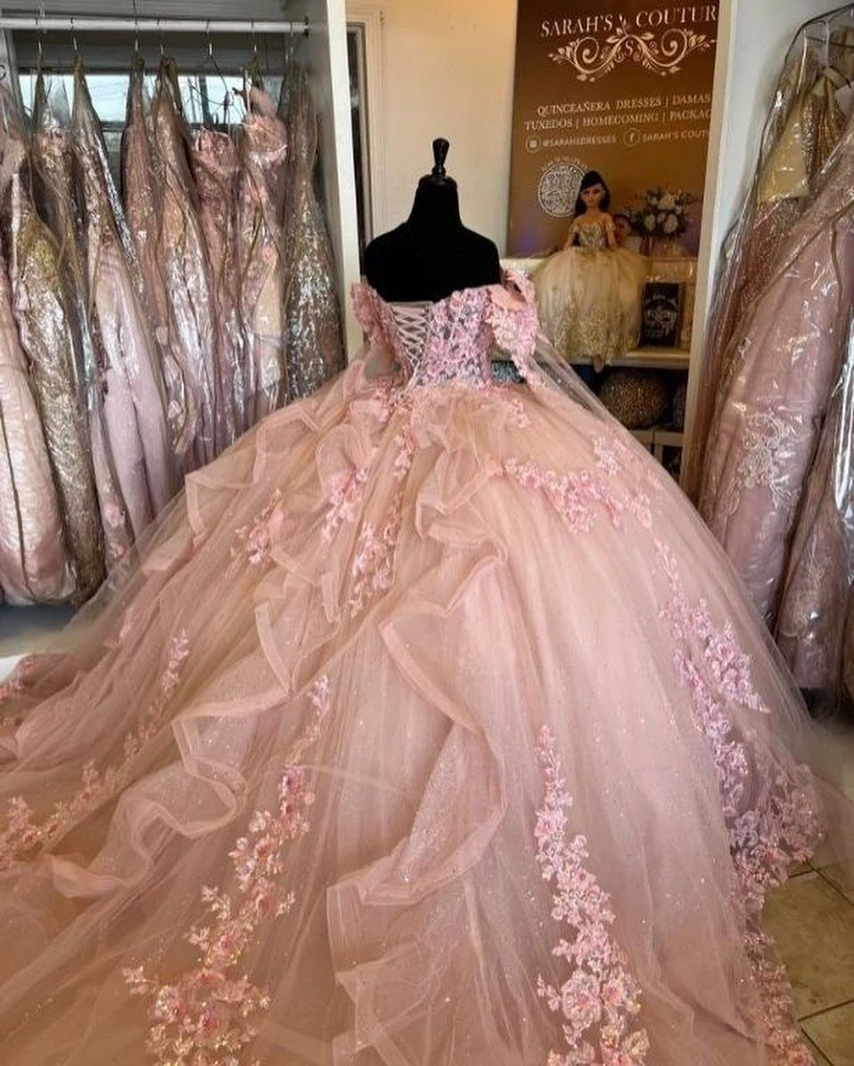 Pink Quinceanera Dresses Off Shoulder Flowers Lace Appliques