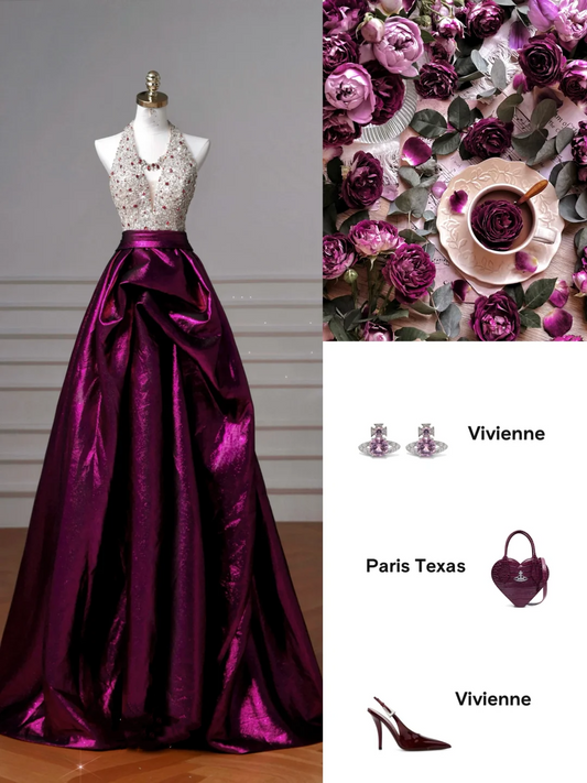 Classy Halter Purple Beaded Satin A Line Prom Dress Long Evening Dress Y8609