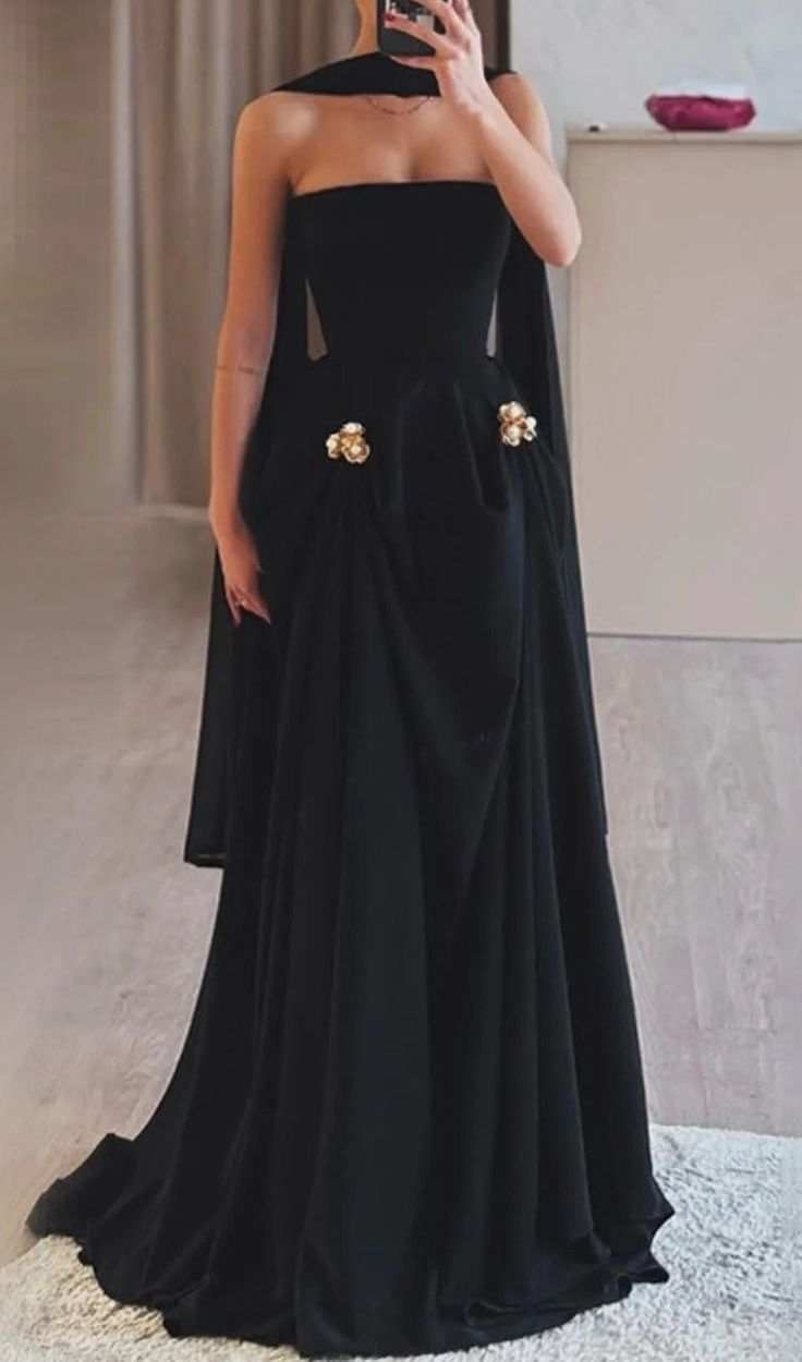 Classy Black Strapless A Line Long Birthday Prom Dress Evening Gown SP1069