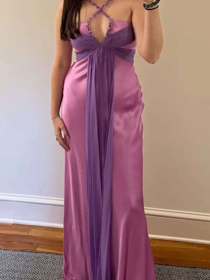 Classy Halter Purple Satin Beaded Mermaid Long Party Dress Prom Gown,Formal Wedding Guest Dress SP1405