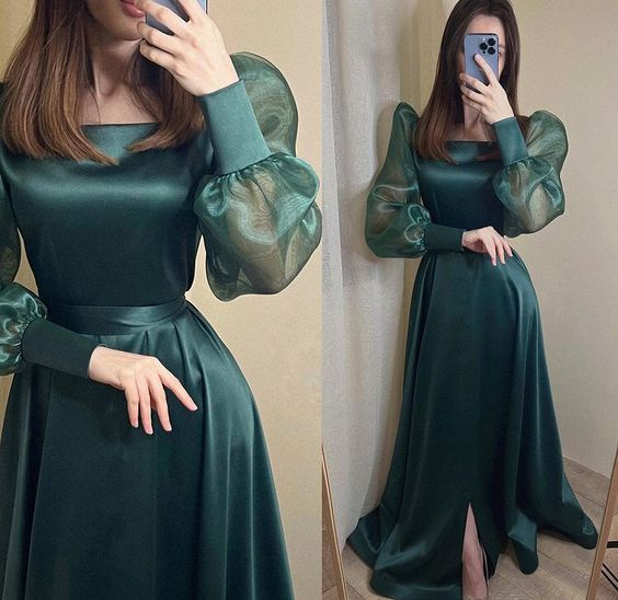 Modest Dark Green Satin Evening Dress Long Puff Sleeves Organza Square Simplepromdress Modest Dark Green Satin Evening Dress Long Puff Sleeves Organza Square Simplepromdress
