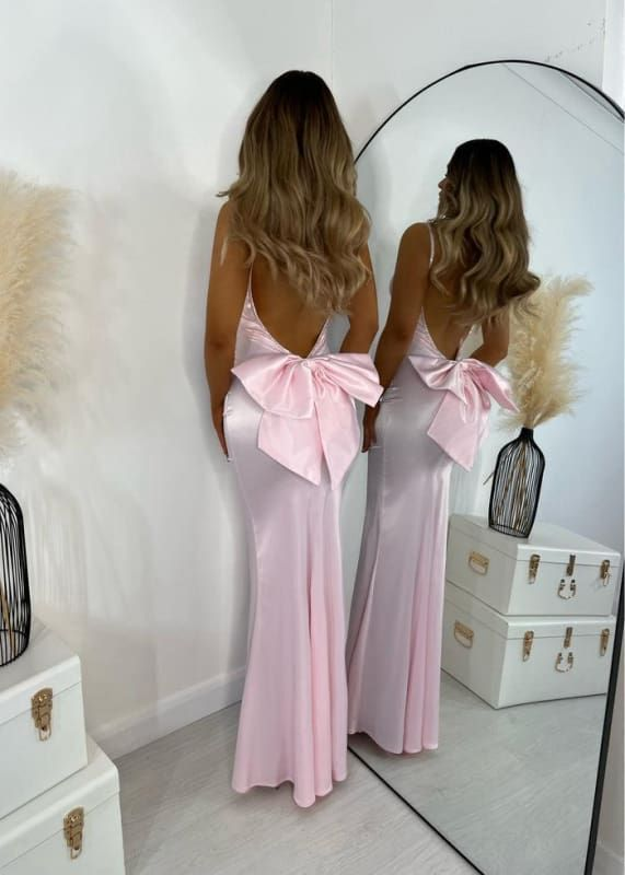 Pink Beaded Spaghetti Straps Prom Dress With Bow,Mermaid Satin Backless Evening Dress Y8754