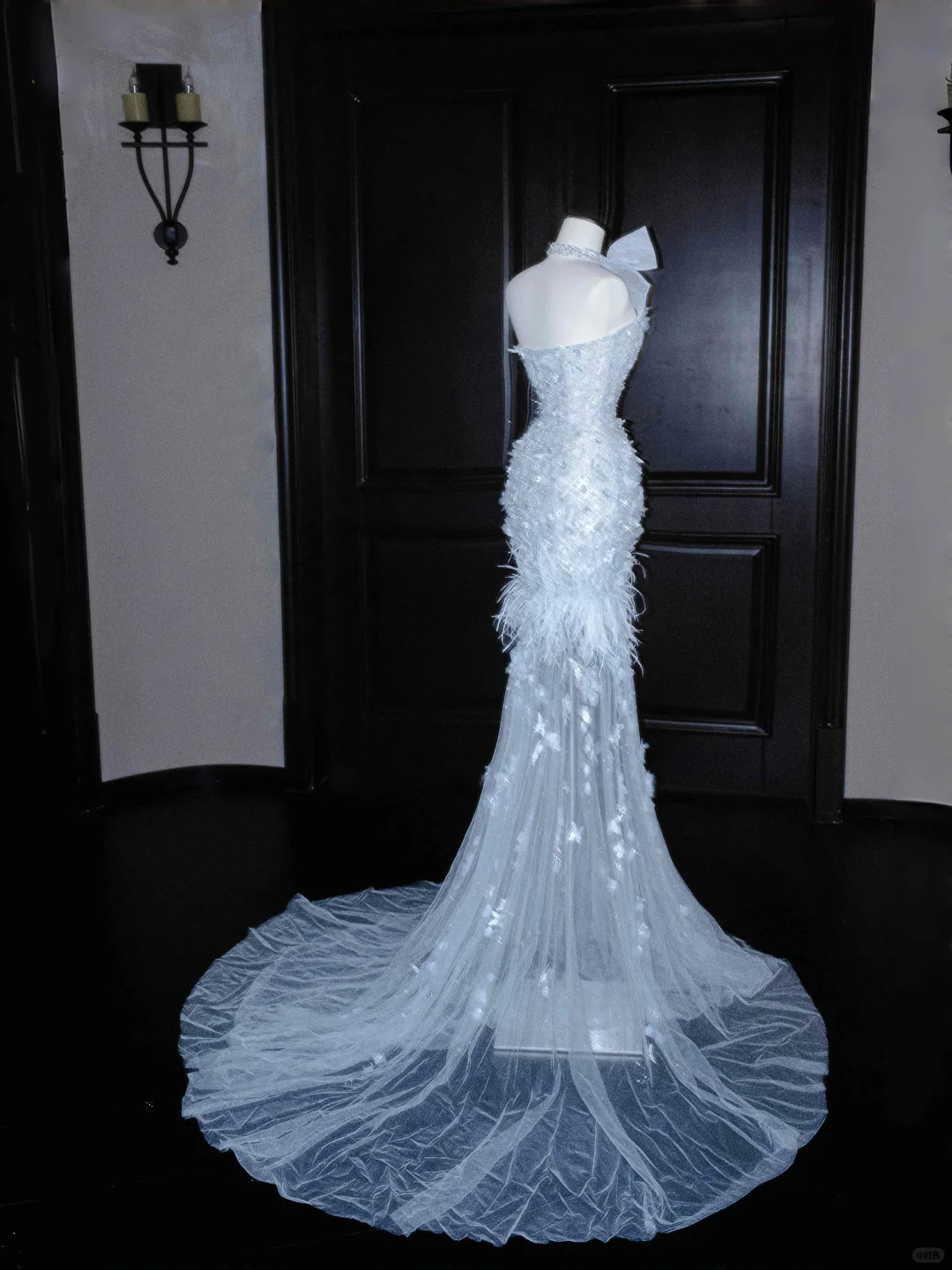 Dream Blue Tulle Beaded Appliques Long Prom Dress,Slit Mermaid Evening Dress Wedding Dress Y8668