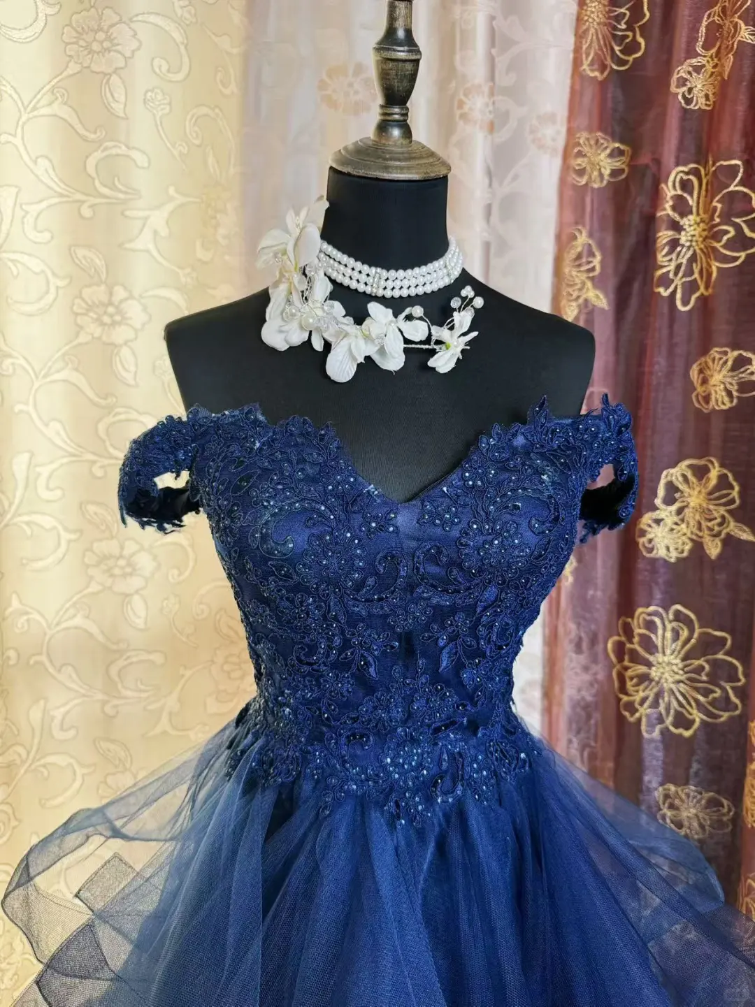 Vintage Off The Shoulder Navy Blue Tulle Appliques Short Homecoming Dress Birthday Outfits SP79