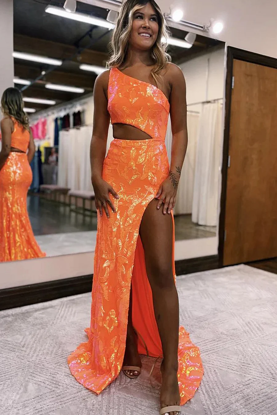Sparkly Orange Sequin One Shoulder Long Prom Dress With Slit Y4277 Simplepromdress Sparkly Orange Sequin One Shoulder Long Prom Dress With Slit Y4277 Simplepromdress
