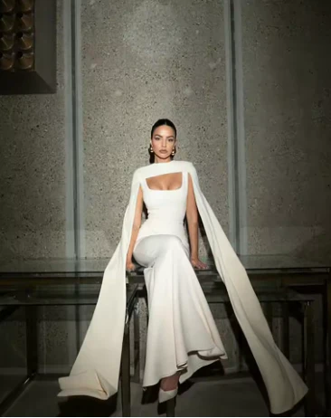 Elegant White Mermaid Straps Long Prom Dress Formal Evening Dress With Cape Y9315