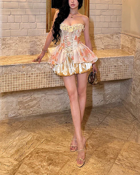 Vintage Satin Print Floral A Line Short 15th Birthday Outfits Strapless Graduation Homecoming Dress Y9096