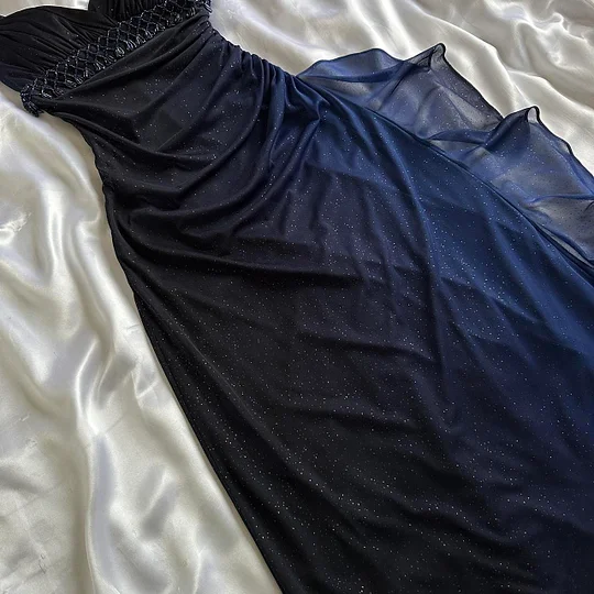 Vintage Ombre Blue Chiffon Beaded Long Prom Gown Evening Dress Y9744