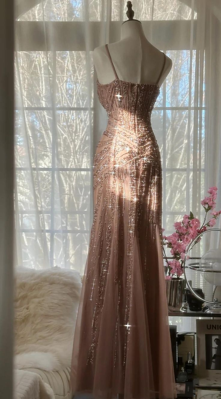 Glitter Blush Pink Spaghetti Straps Mermaid Tulle Sequin Prom Dress Party Dress Y8770