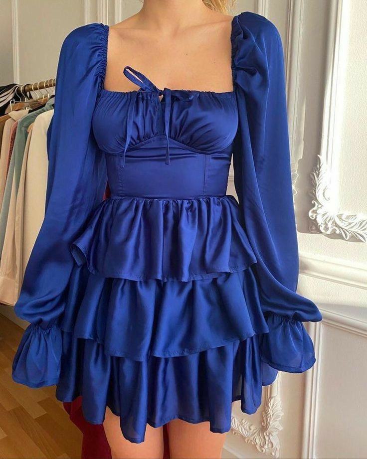 Royal Blue Square Neckline Homecoming Dress With Long Sleeves,Retro Dr Simplepromdress Royal Blue Square Neckline Homecoming Dress With Long Sleeves,Retro Dr Simplepromdress