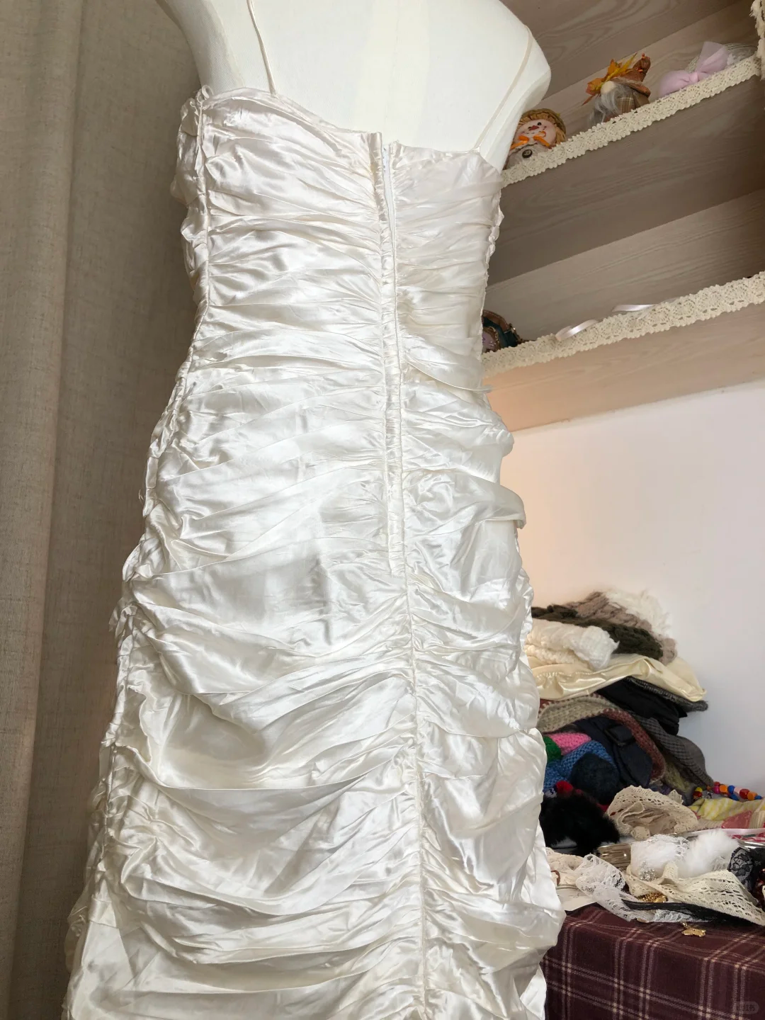 Vintage Spaghetti Strap Ivory Satin Mermaid Long Prom Dress Evening Dress Y9468