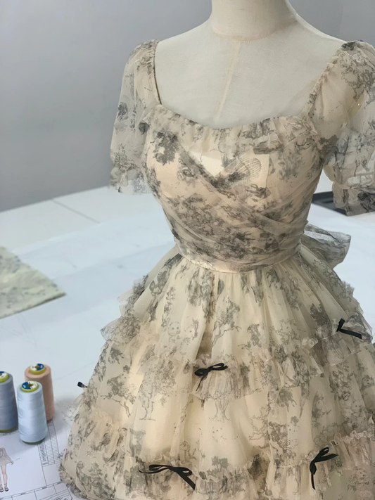 Vintage Chiffon Print Floral Ruffle A Line Short Birthday Outfits Formal 8th Grade Homecoming Dress Y9403