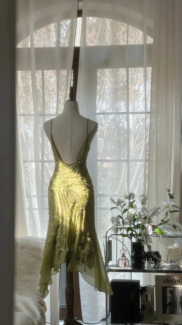 Classy Spaghetti Straps Green Chiffon Beaded Mermaid Cocktail Dress Homecoming Dress Y8854