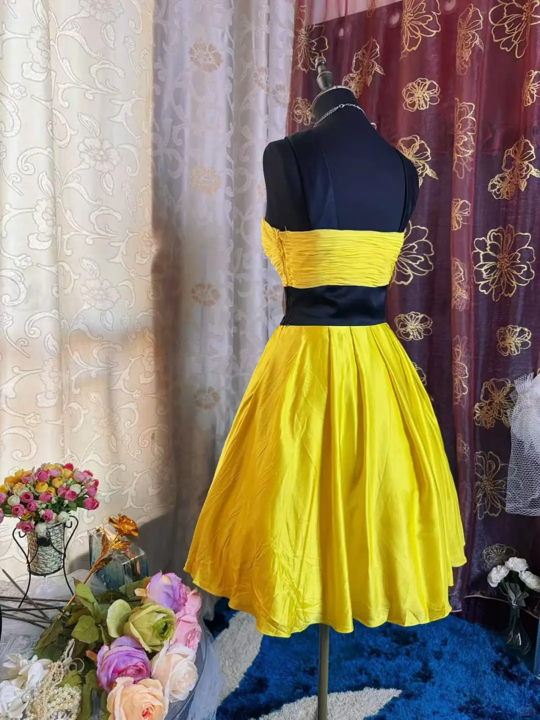 Sexy Yellow Black Splicing Satin A Line Short Homecoming Dress Cocktail Dress Y9758