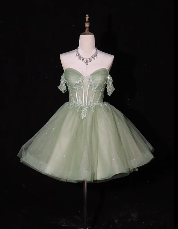 Fashion Green Off The Shoulder Tulle Appliques A Line Short Graduation Homecoming Dress Birthday Outfits Y9293