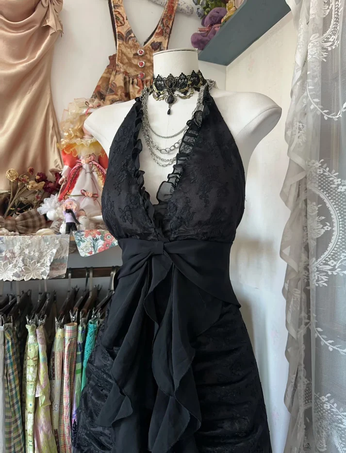 Vintage Black Mermaid Halter Long Lace Evening Dress Prom Dress Y8855