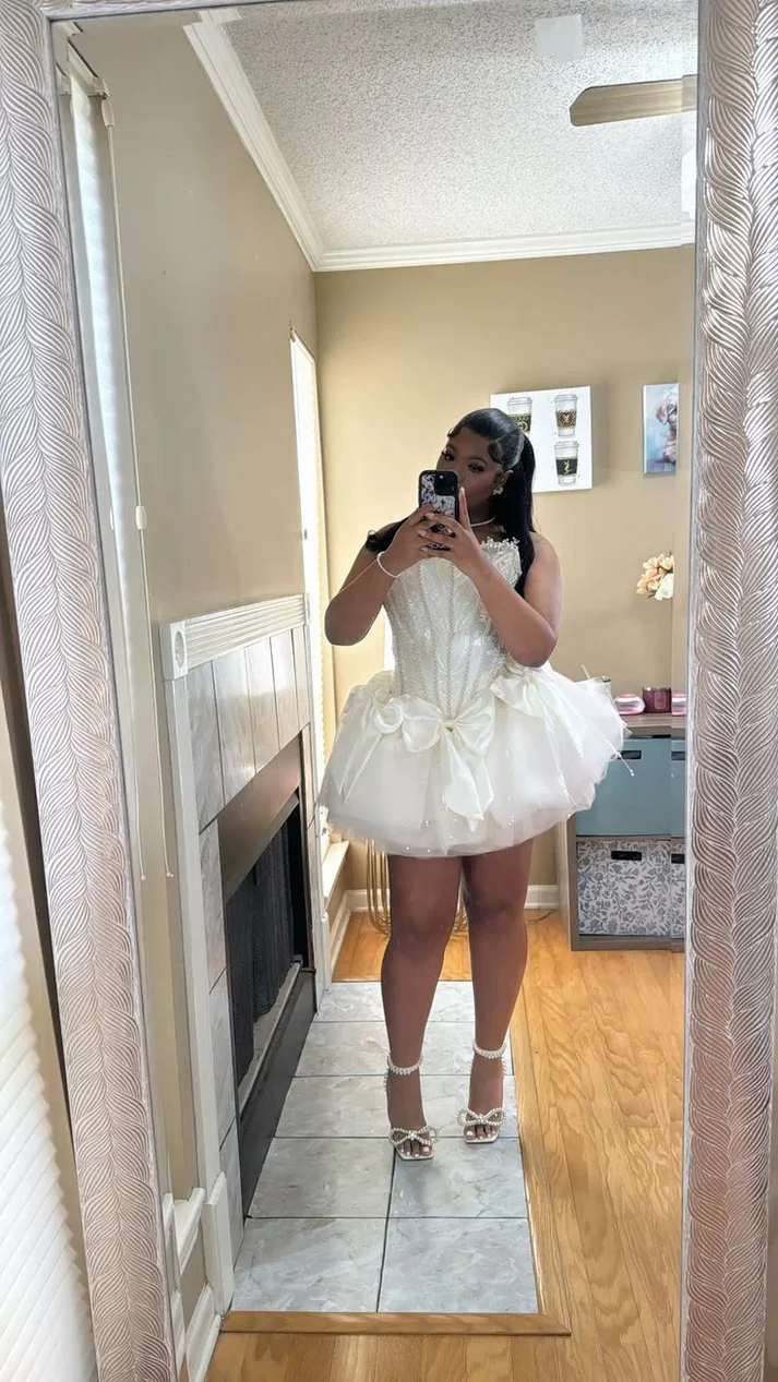 Pretty Strapless White Tulle Beaded A Line Short Homecoming Dress Formal Birthday Outfits Y9485