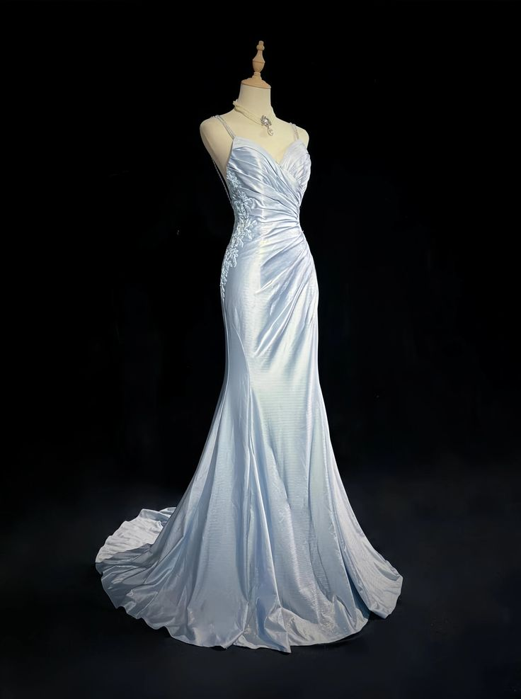 Elegant Blue Spaghetti Strap Prom Gown Pleated Backless Banquet Evening Dress Y8773