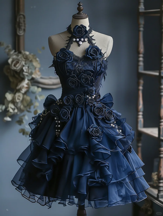 Classy Navy Blue Halter Chiffon 3D Rose Flowers A Line Birthday Outfits Short Graduation Homecoming Dress Y9247