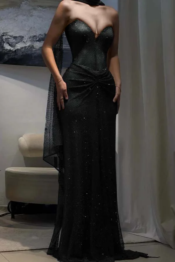 Elegant Royal Blue Tulle Sequin Strapless Mermaid Prom Dress Evening Gown With Ribbon Y9499