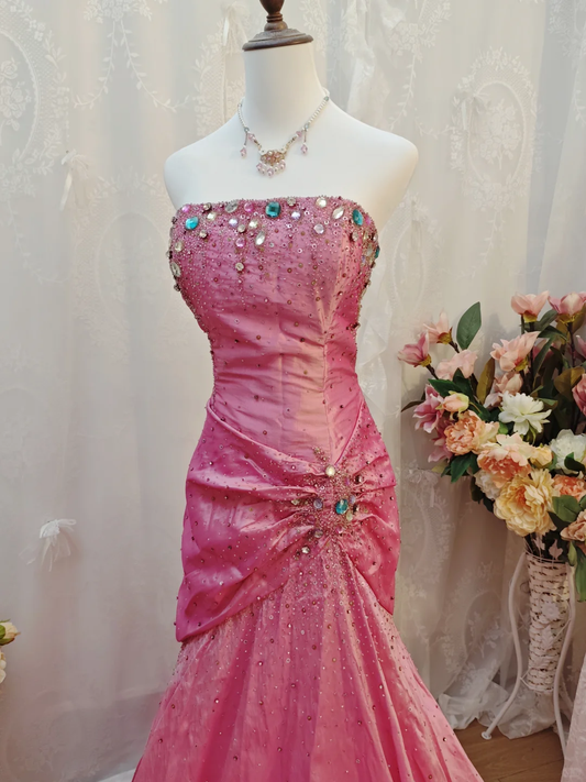 Gorgeous Strapless Pink Satin Pleated Mermaid Long Evening Dress 17th Birthday Dress With Beads SP2257