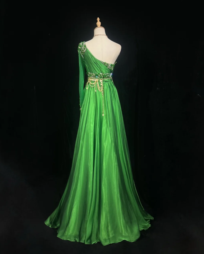 Gorgeous Green One Shoulder Satin Beaded Long Party Dress Birthday Dress SP1859