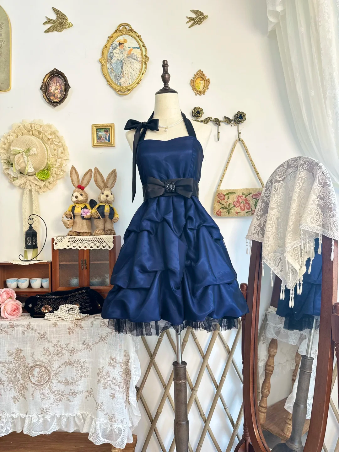 Vintage Blue Halter Satin Pleated Short Homecoming Dress Cocktail Dress Y9473