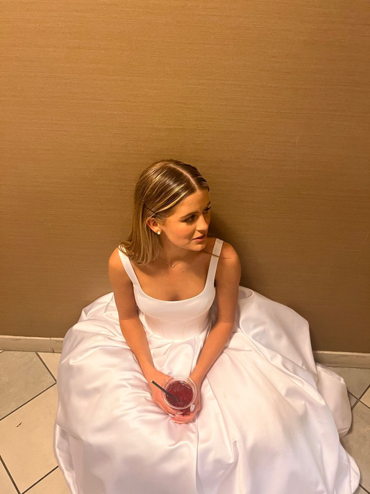 Classic A-line White Satin Long Wedding Dress,Simple White Bridal Dress Y4672