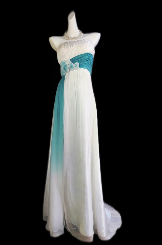 Classy Strapless White Chiffon Pleated Mermaid Long Party Gown Formal Prom Dress With Flowers SP414