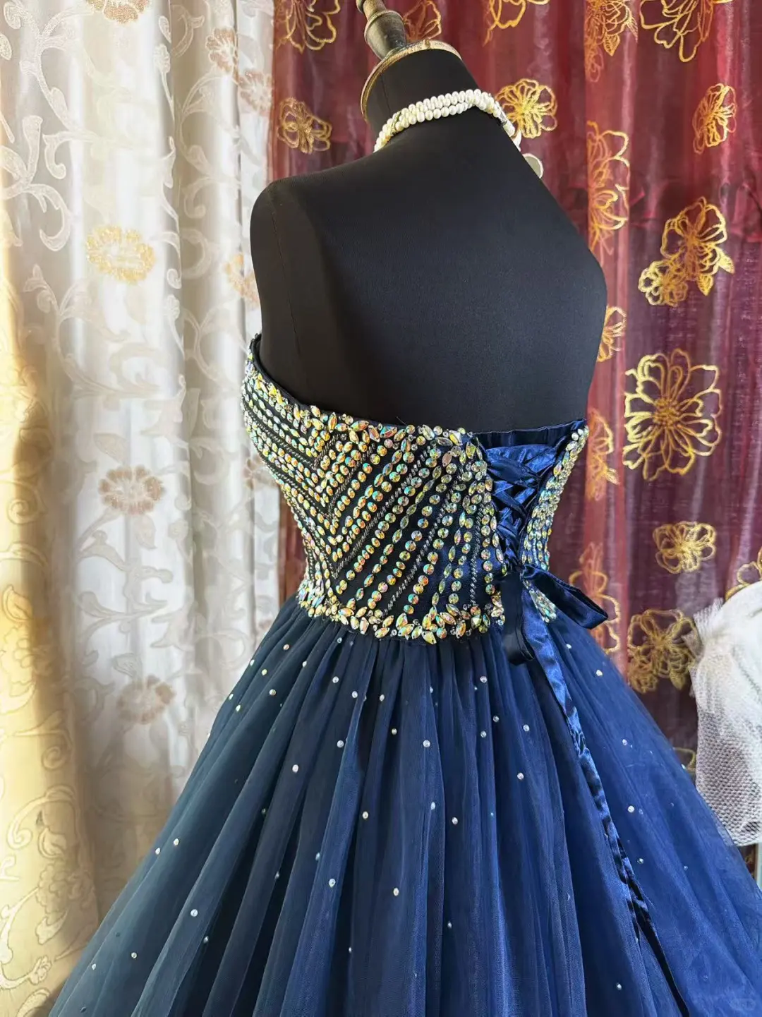 Vintage Navy Blue Tulle Beaded A Line Short Homecoming Dress Sexy Cocktail Dress Y9494