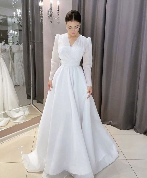 Modest White A-line Long Sleeves Wedding Dress,White Bridal Dress Y671 Simplepromdress Modest White A-line Long Sleeves Wedding Dress,White Bridal Dress Y671 Simplepromdress