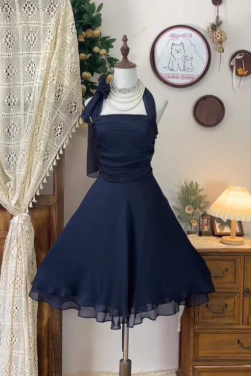 Simple Navy Blue Chiffon A Line Halter Homecoming Dress Cocktail Dress Y8875