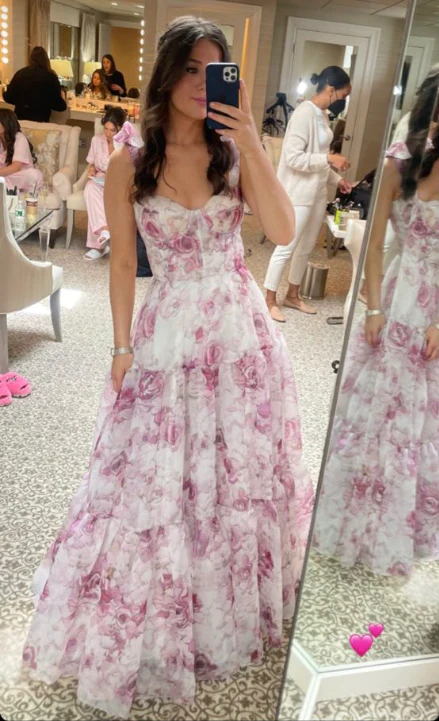 Pretty Chiffon Rose Print A Line Prom Dress Evening Dress Y8498