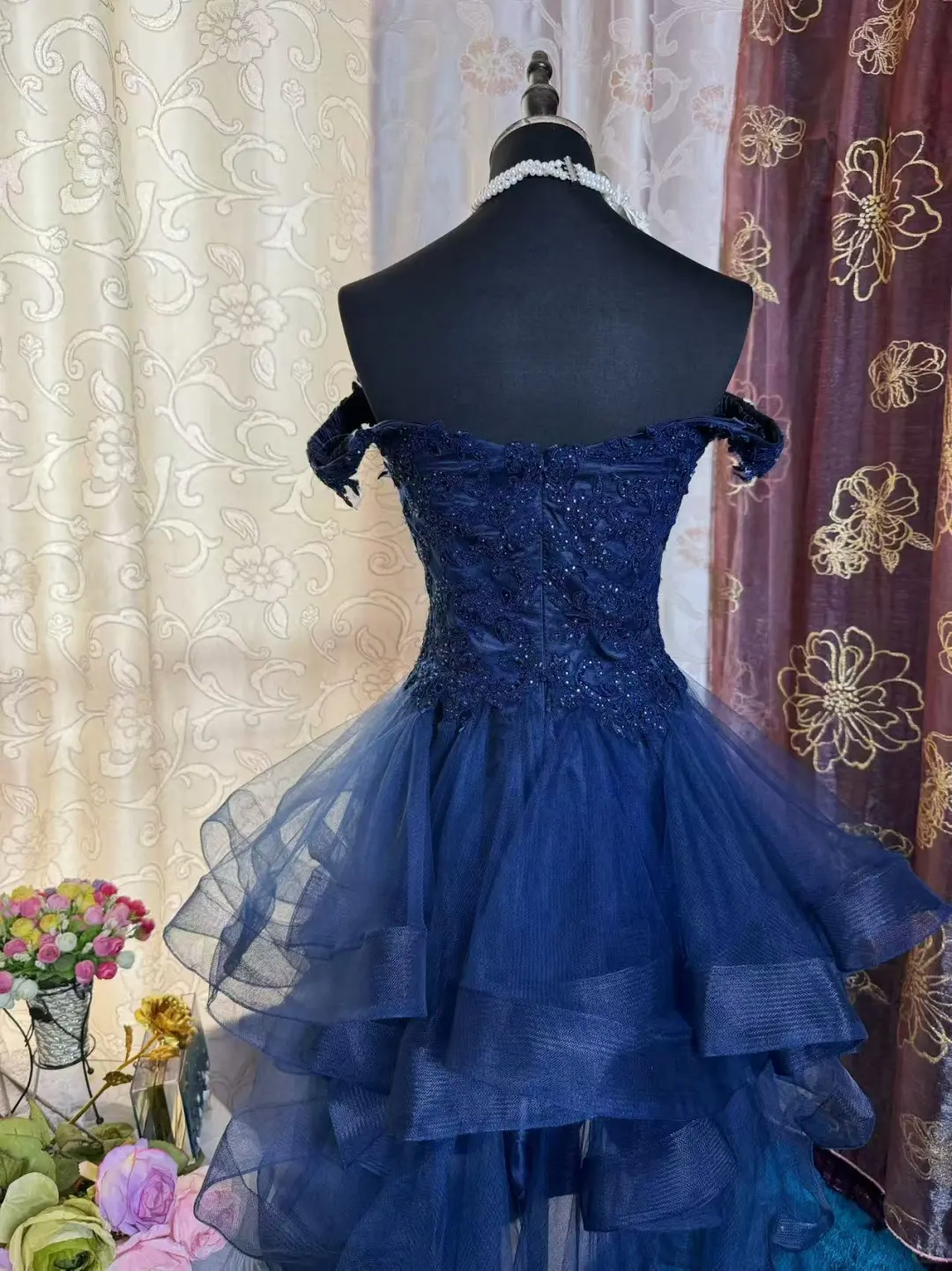 Vintage Off The Shoulder Navy Blue Tulle Appliques Short Homecoming Dress Birthday Outfits SP79