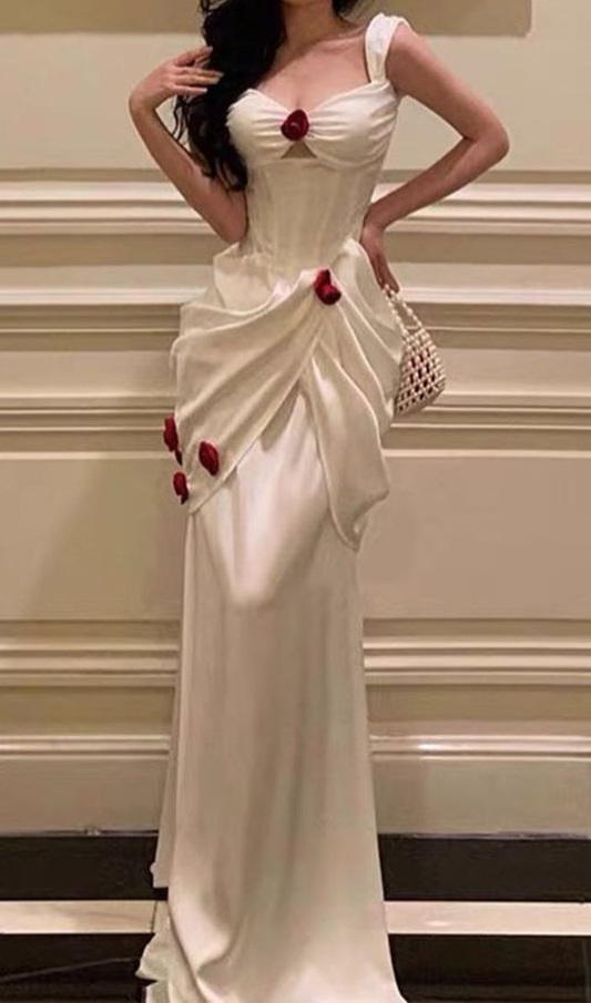 Elegant White Satin Flowers Long Wedding Dress Y7461