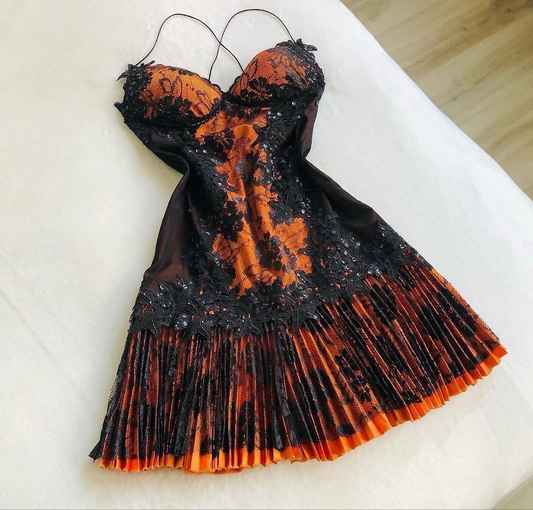 Orange Vintage Lace Sequin Pleated A Line Short Homecoming Dress Cocktail Dress Y9714