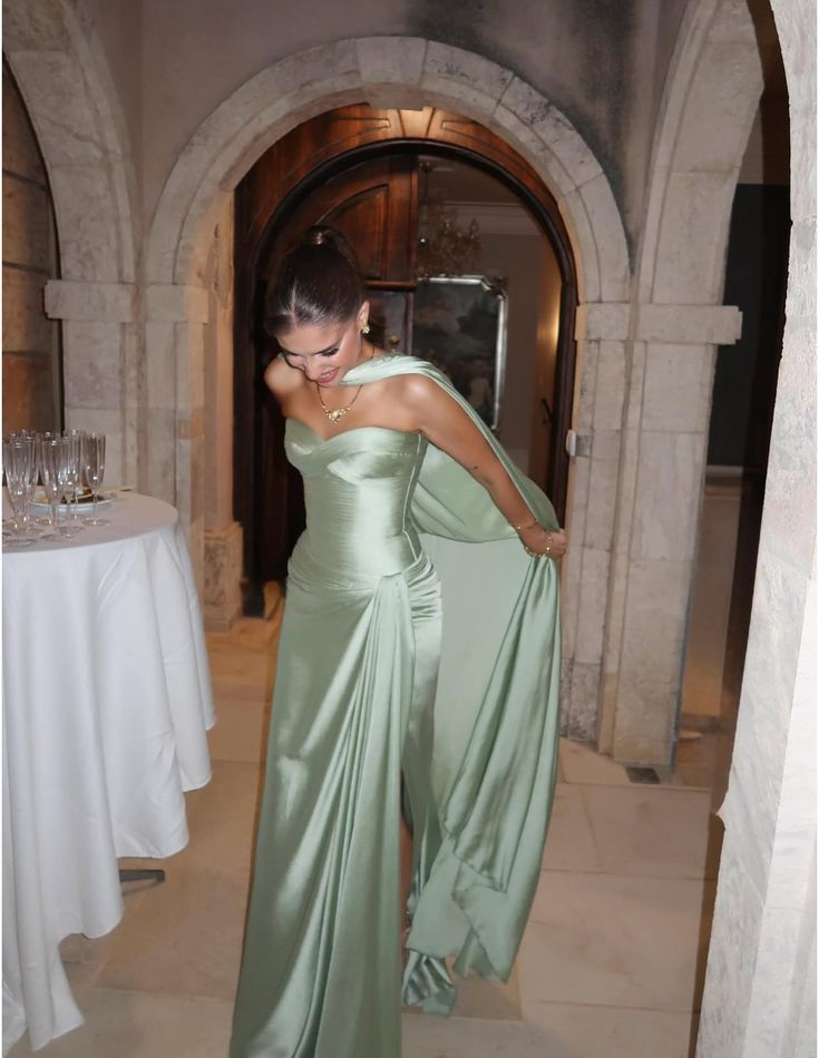 Elegant Strapless Light Green Satin Pleated Slit Mermaid Prom Dress Long Evening Dress With Scarf SP619