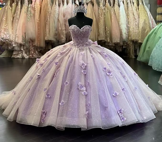 Lilac 3D Flowers Ball Gown Quinceanera Dresses Puff Long Sleeves Y6580