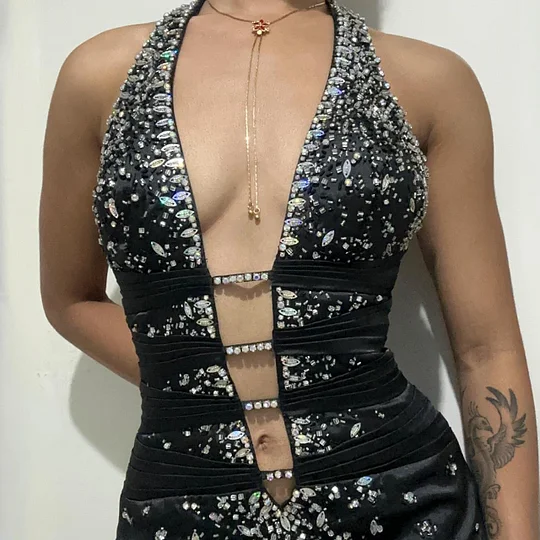 Stylish Black Satin Beaded Mermaid Long Evening Dress Birthday Party Dress Y9771