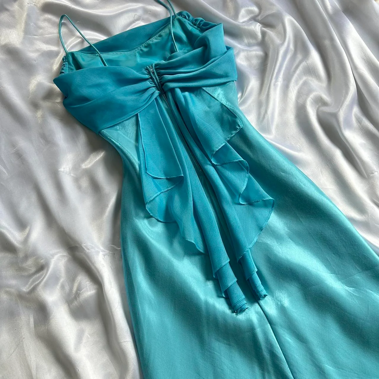 Classy Blue Spaghetti Straps Satin Chiffon Long Prom Dress Evening Dress Y9770